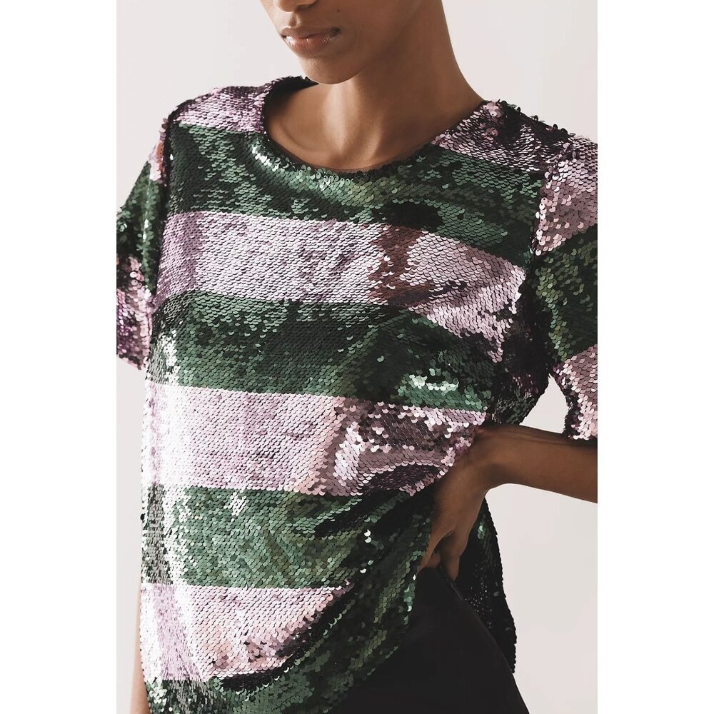 Maeve Pink and Green Sequin Stripe Short Sleeve Top